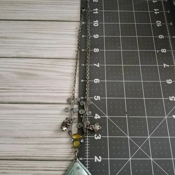 Boho Patina Pendant Blue Rhinestones Antique Silver Tone Statement Necklace - Picture 8 of 10